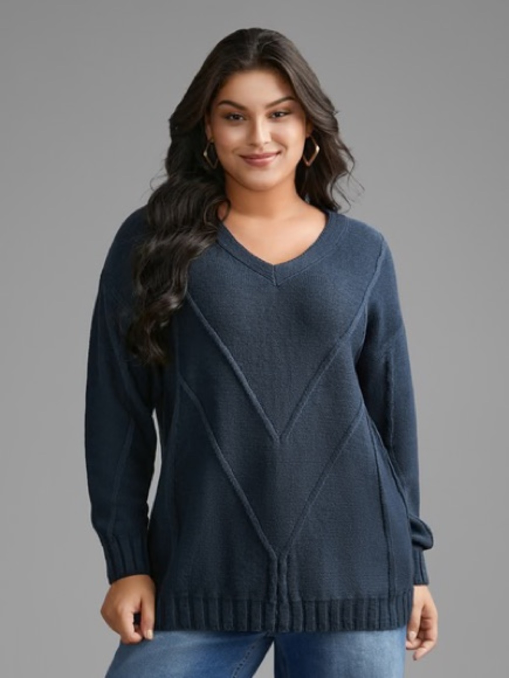 BloomChic Navy V-Neck Chevron Cable Knit Sweater